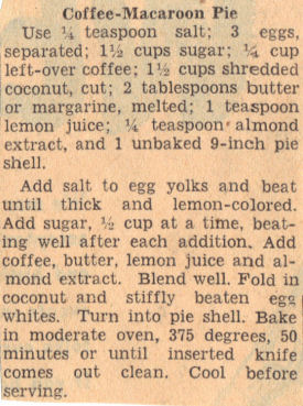 Recipe Clipping For Coffee Macaroon Pie