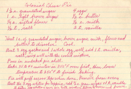 Handwritten Recipe Card For Colonial Chess Pie