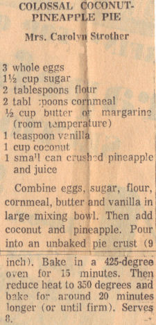 Recipe Clipping For Coconut-Pineapple Pie