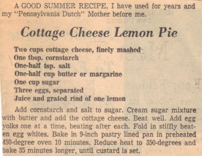 Recipe Clipping For Cottage Cheese Lemon Pie