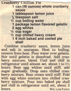 Recipe Clipping For Cranberry Chiffon Pie