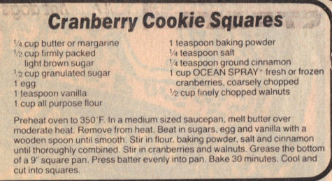 Recipe Clipping for Cranberry Cookie Squares
