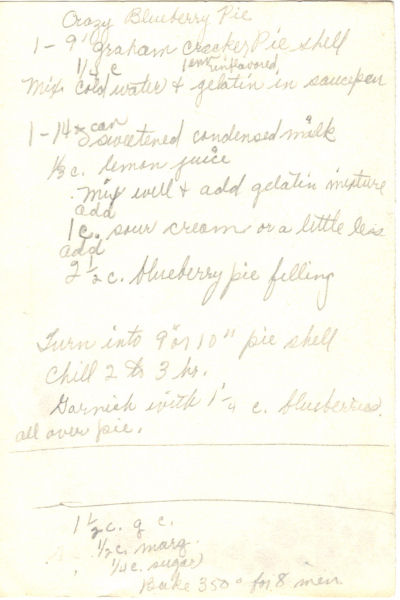 Handwritten Recipe For Crazy Blueberry Pie