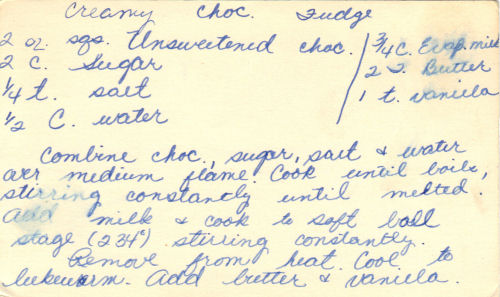 Handwritten Recipe For Creamy Chocolate Fudge