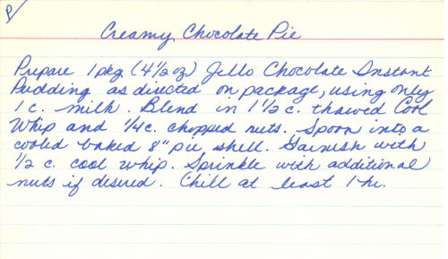 Handwritten Recipe Card For Creamy Chocolate Pie