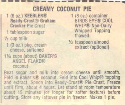 Recipe Clipping For Creamy Coconut Pie