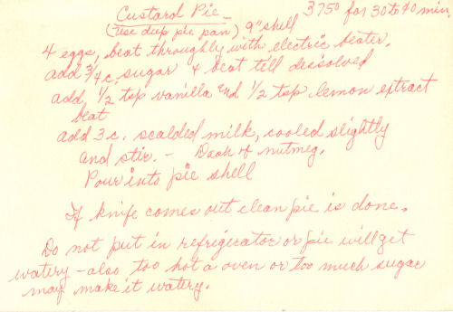 Handwritten Recipe Card For Custard Pie