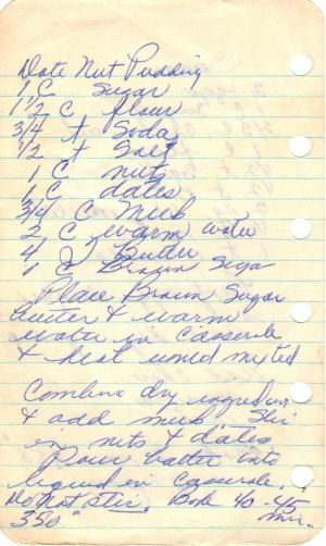 Handwritten Recipe For Date Nut Pudding