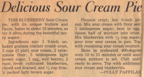 Recipe Clipping For Delicious Sour Cream Pie