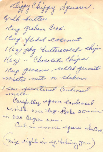 Handwritten Recipe For Dippy Chippy Squares