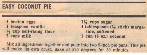 Recipe Clipping For Easy Coconut Pie