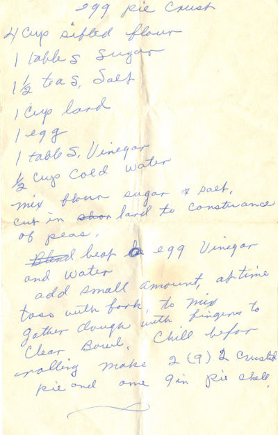 Handwritten Recipe For Egg Pie Crust