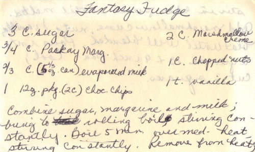 Handwritten Recipe For Fantasy Fudge