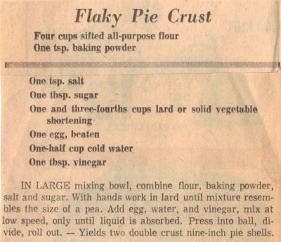 Vintage Recipe Clipping For Flaky Pie Crust