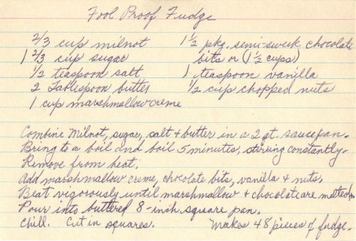 Handwritten Recipe For Fool Proof Fudge