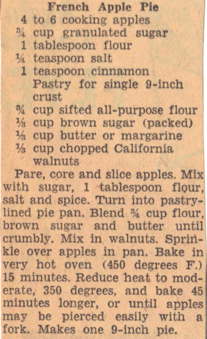 Recipe Clipping For French Apple Pie