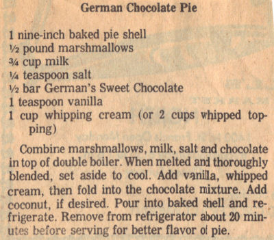 Recipe Clipping For German Chocolate Pie
