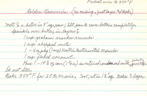 Handwritten Recipe For Golden Brownies