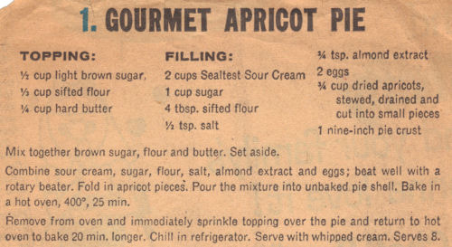 Vintage Recipe Clipping For Gourmet Apricot Pie
