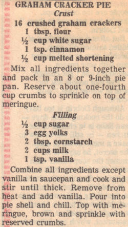 Recipe Clipping For Graham Cracker Cream Pie