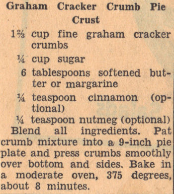 Recipe Clipping For Graham Cracker Crumb Pie Crust