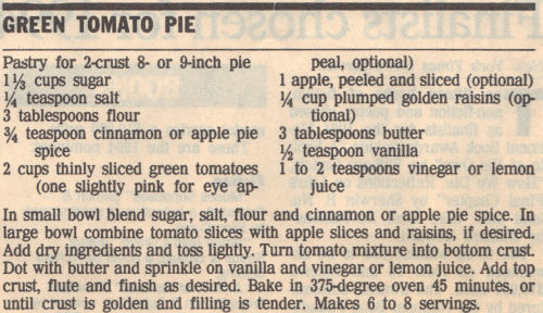 Recipe Clipping For Green Tomato Pie