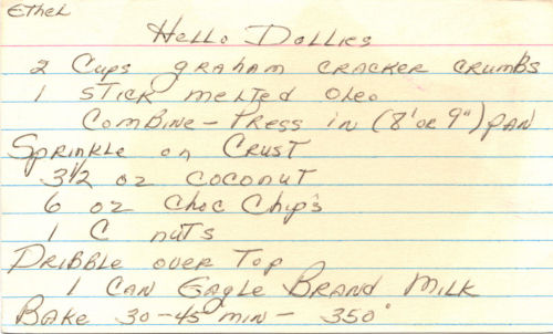 Handwritten Recipe For Hello Dollies