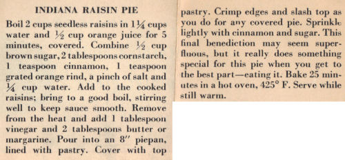 Recipe Clipping For Indiana Raisin Pie