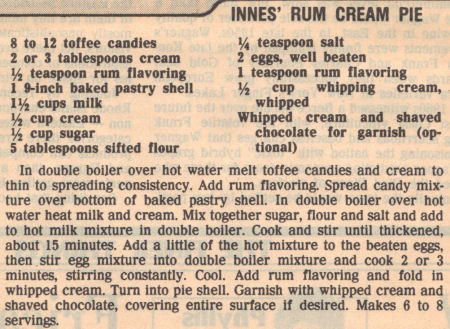 Recipe Clipping For Rum Cream Pie