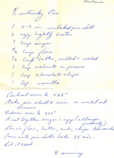 Handwritten Recipe For Kentucky Pie