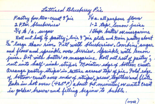 Handwritten Recipe Card For Latticed Blueberry Pie