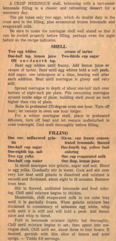 Vintage Recipe Clipping For Lemonade Meringue Shell Pie