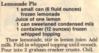 Recipe Clipping For Lemonade Pie