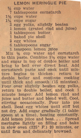 Recipe Clipping For Lemon Meringue Pie