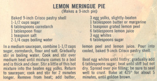 Recipe Clipping For Lemon Meringue Pie