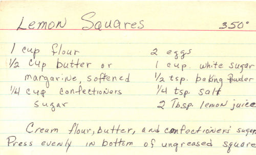 Handwritten Recipe For Lemon Squares