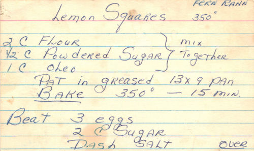 Handwritten Recipe For Lemon Squares