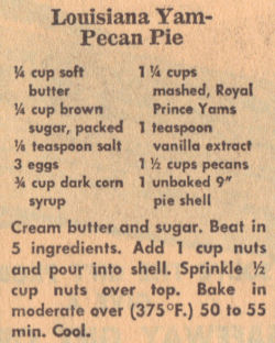Recipe Clipping For Louisiana Yam-Pecan Pie