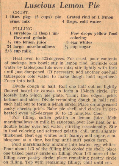Vintage Recipe Clipping For Luscious Lemon Pie