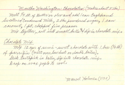 Handwritten Recipe Card For Martha Washington Chocolates