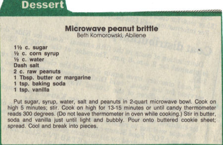 Recipe Clipping For Microwave Peanut Brittle