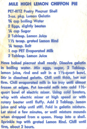 Recipe Clipping For Mile High Lemon Chiffon Pie