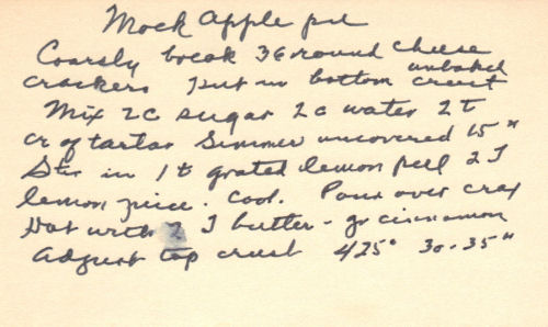 Handwritten Recipe For Mock Apple Pie