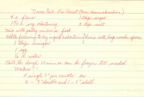 Handwritten Recipe For Never Fail Pie Crust