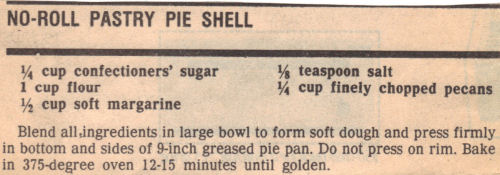 Recipe Clipping For No-Roll Pastry Pie Shell