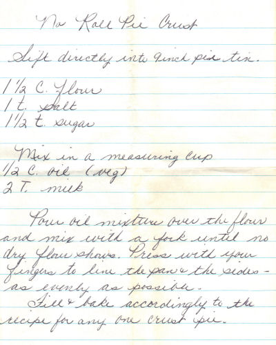 Handwritten Recipe For No Roll Pie Crust