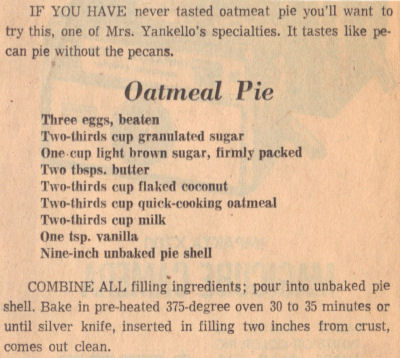 Vintage Recipe Clipping For Oatmeal Pie