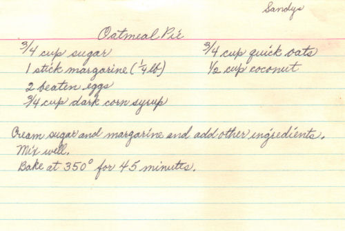 Handwritten Recipe For Oatmeal Pie