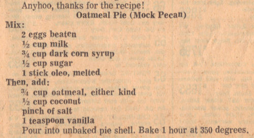Vintage Recipe Clipping For Mock Pecan Pie