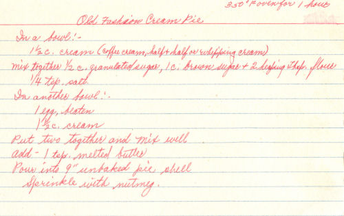Handwritten Recipe For Old Fashion Cream Pie